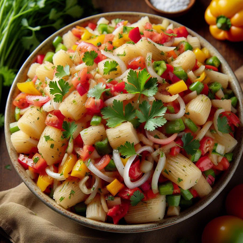Bowl of cassava salad with tomato, cucumber and fresh herbs