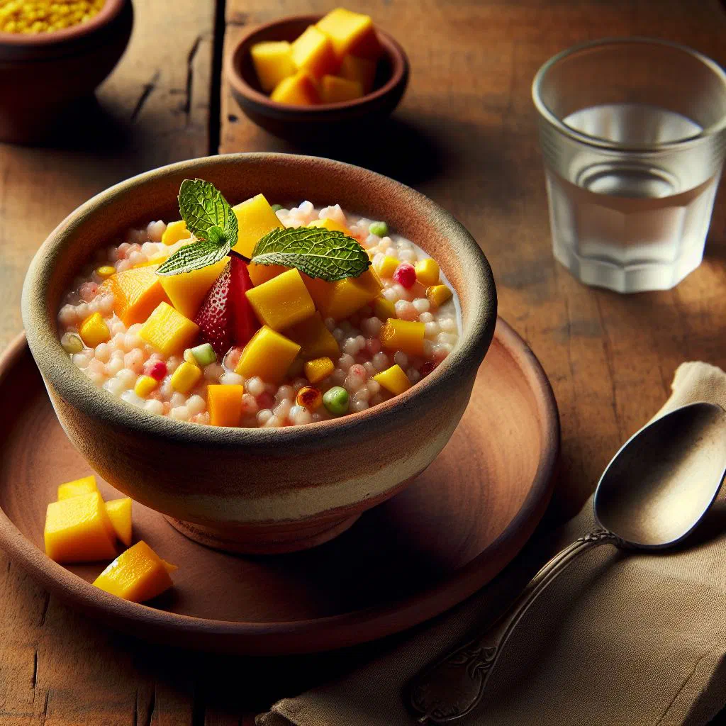 Bowl of creamy Dégué with rice and chopped roasted peanuts
