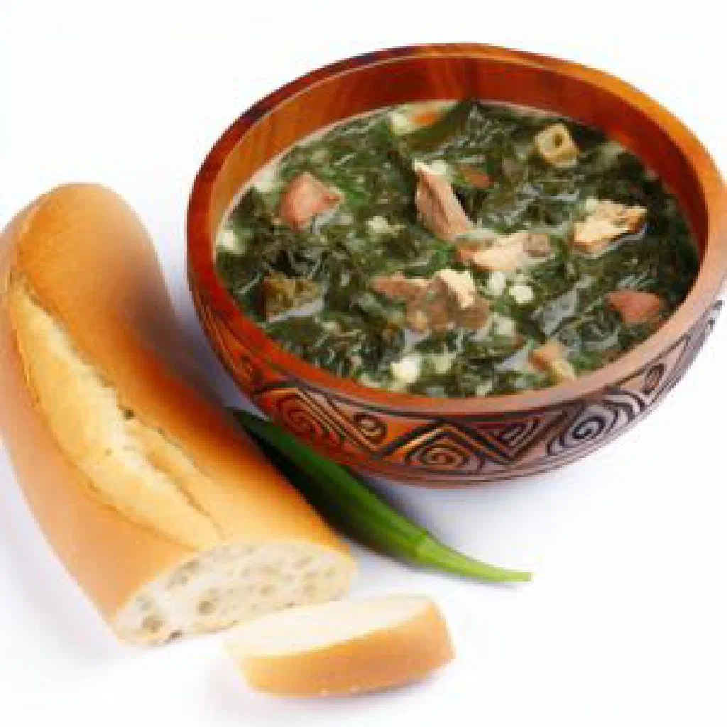 Bowl of dongo-dongo with braised leafy greens and chopped peanuts