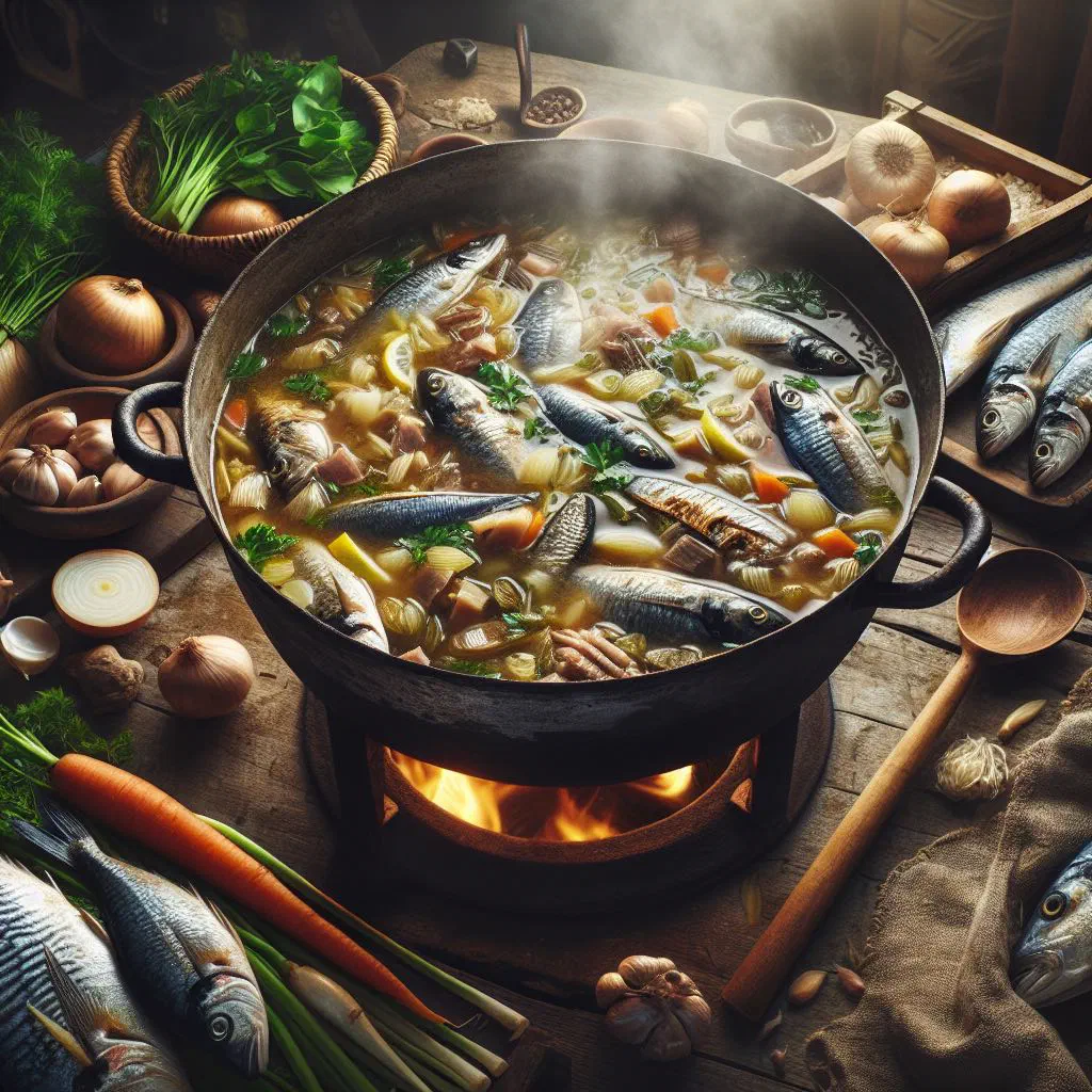 Central African fish bouillon in a deep bowl with vegetables and fresh herbs