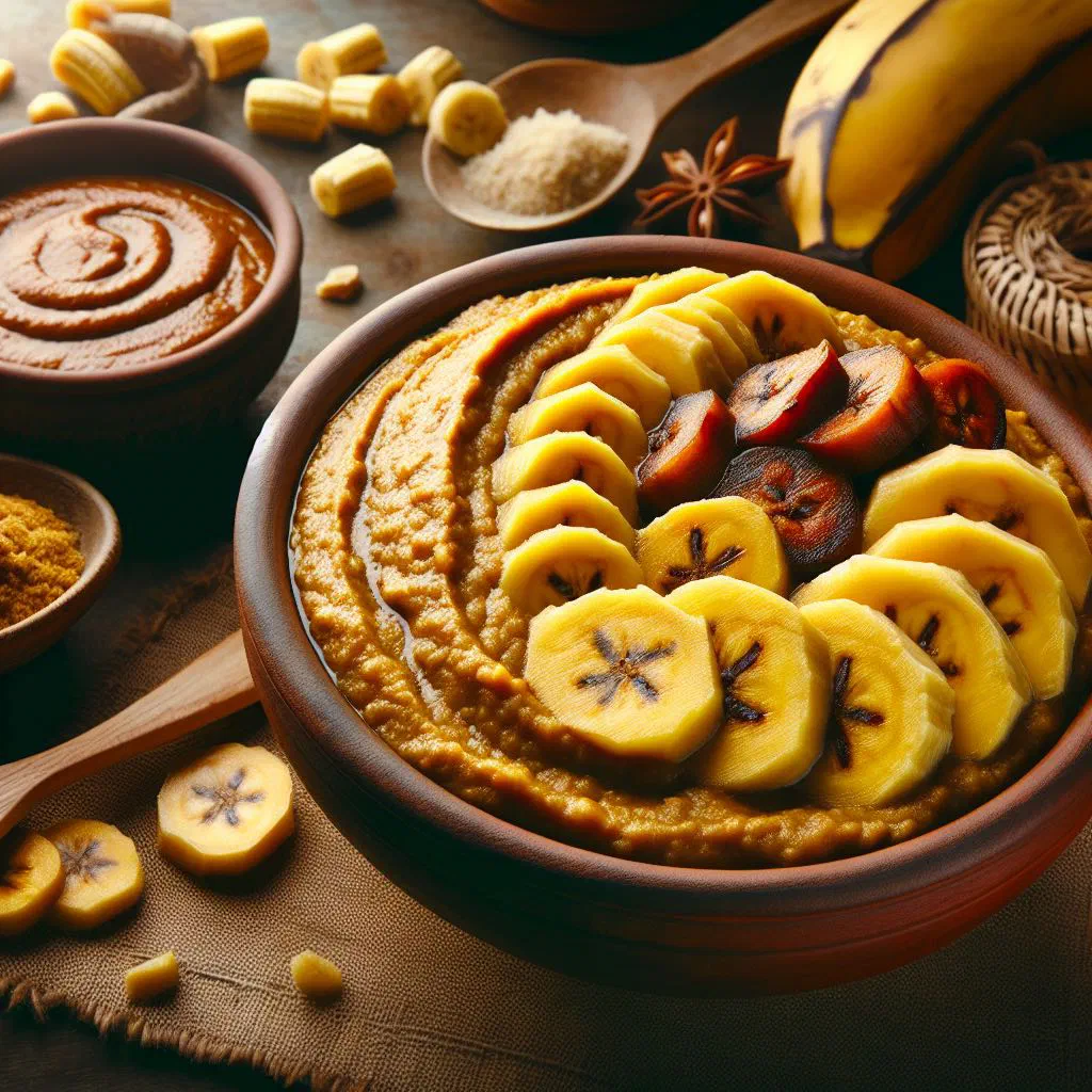 Smooth plantain foutou served in a bowl with a savoury sauce