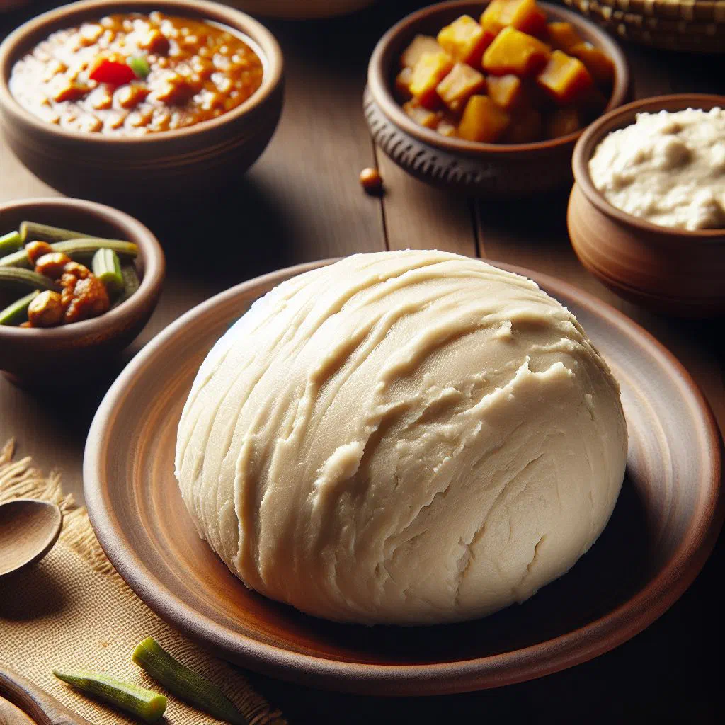 Smooth white fufu served in a bowl beside a rich African sauce
