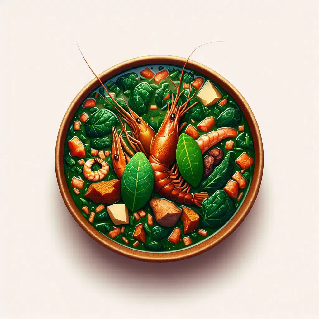 Bowl of green gnetum leaf soup with peanut sauce and fresh herbs