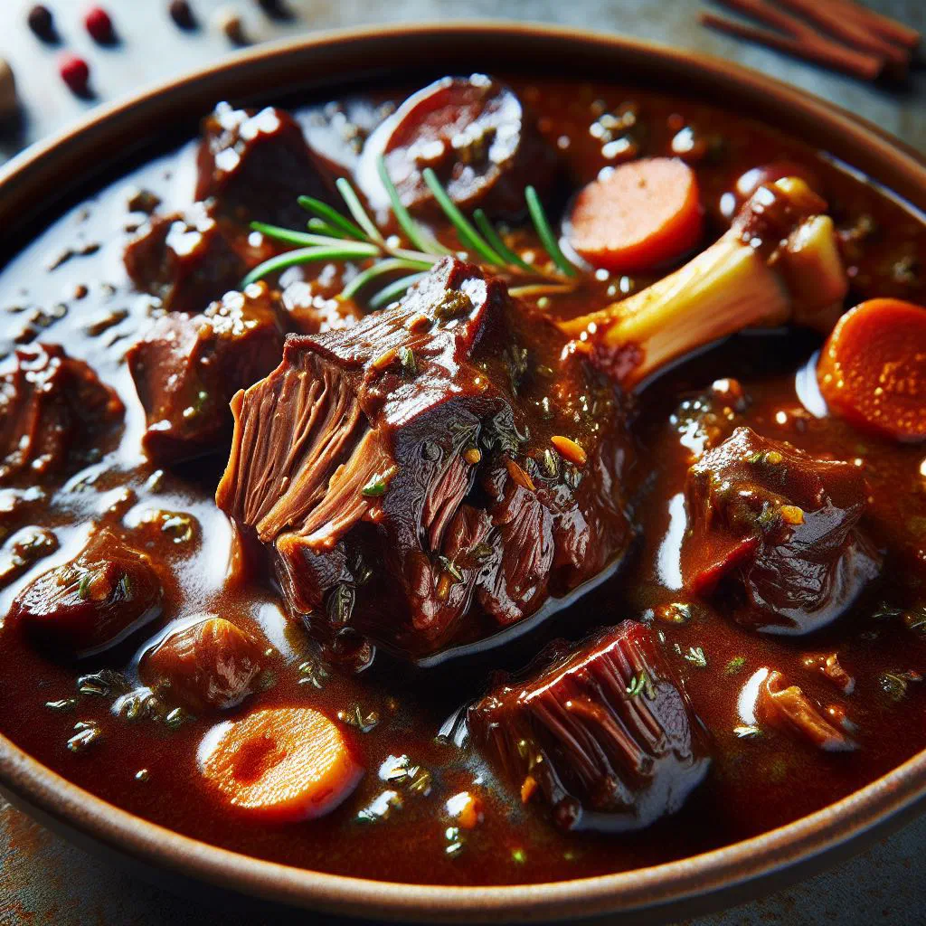 Rich goat stew with carrots and potatoes in a dark clay pot