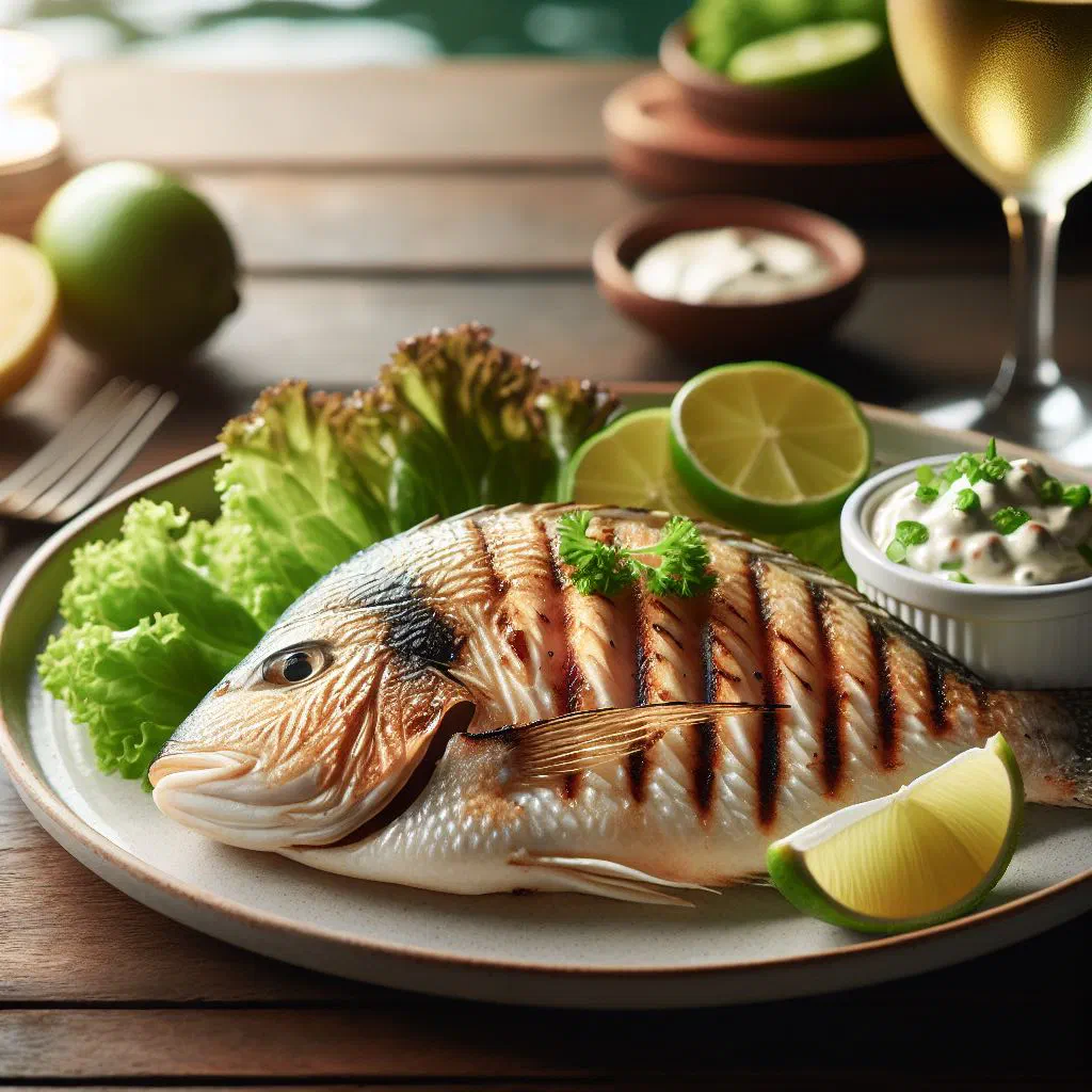 Grilled tilapia on a plate with fresh herbs and lemon