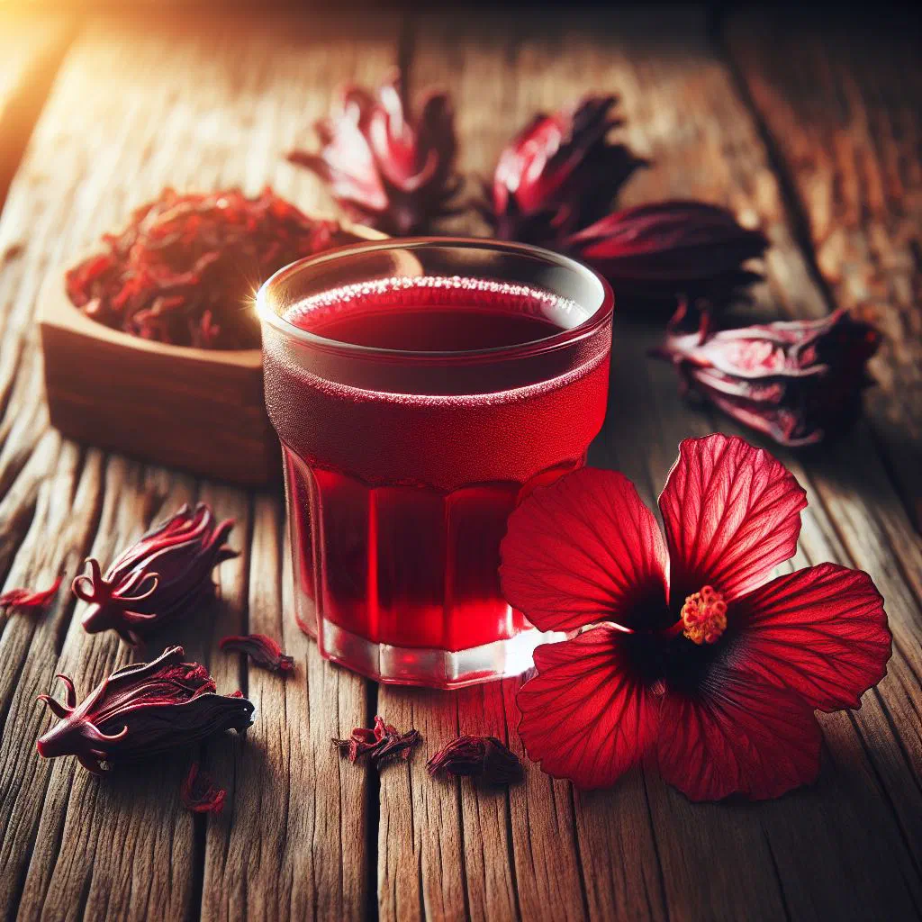 Deep red jus de bissap served over ice with lemon slices and mint