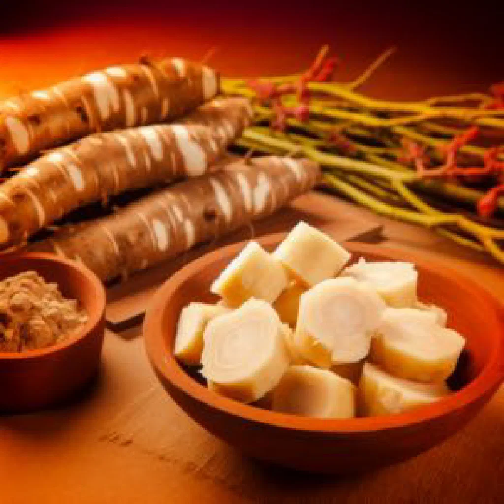 Smooth mound of konzo cassava dough served with vegetable and fish sides