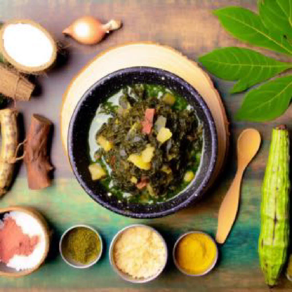 Kpakouma with tender yam pieces, browned meat and fresh herbs in a bowl