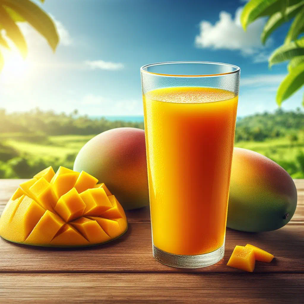 Glass of fresh mango juice with ice and a lime slice