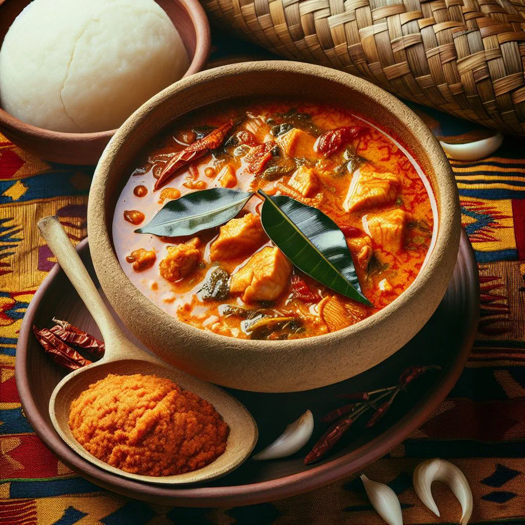Bowl of mbanga soup with fish pieces in a red palm oil broth
