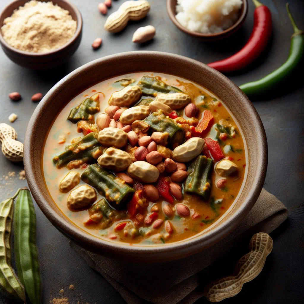Bowl of Ngunja aux arachides peanut sauce garnished with fresh coriander