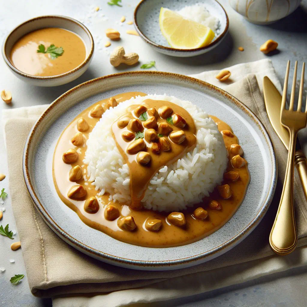 Bowl of rice with creamy peanut sauce and chopped herbs