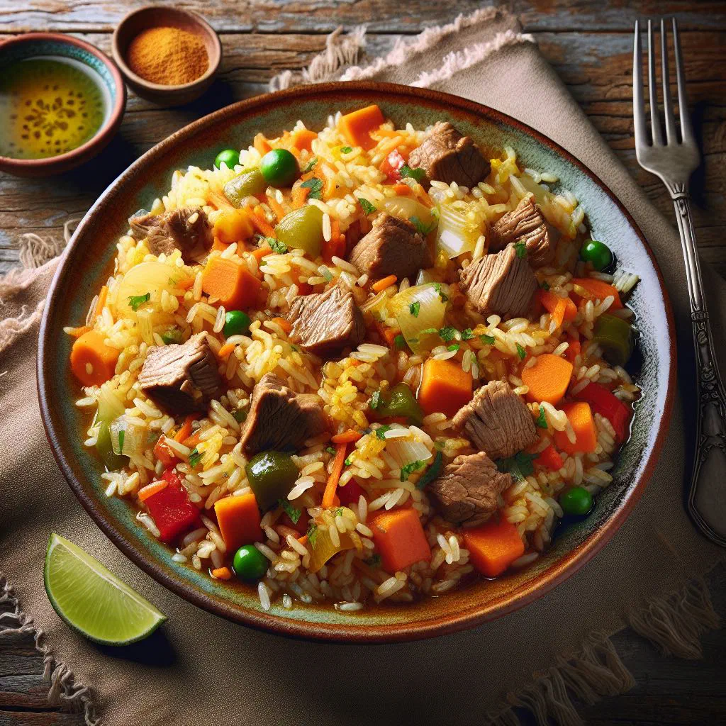 Riz gras: a pot of savoury rice with meat, carrots and peppers