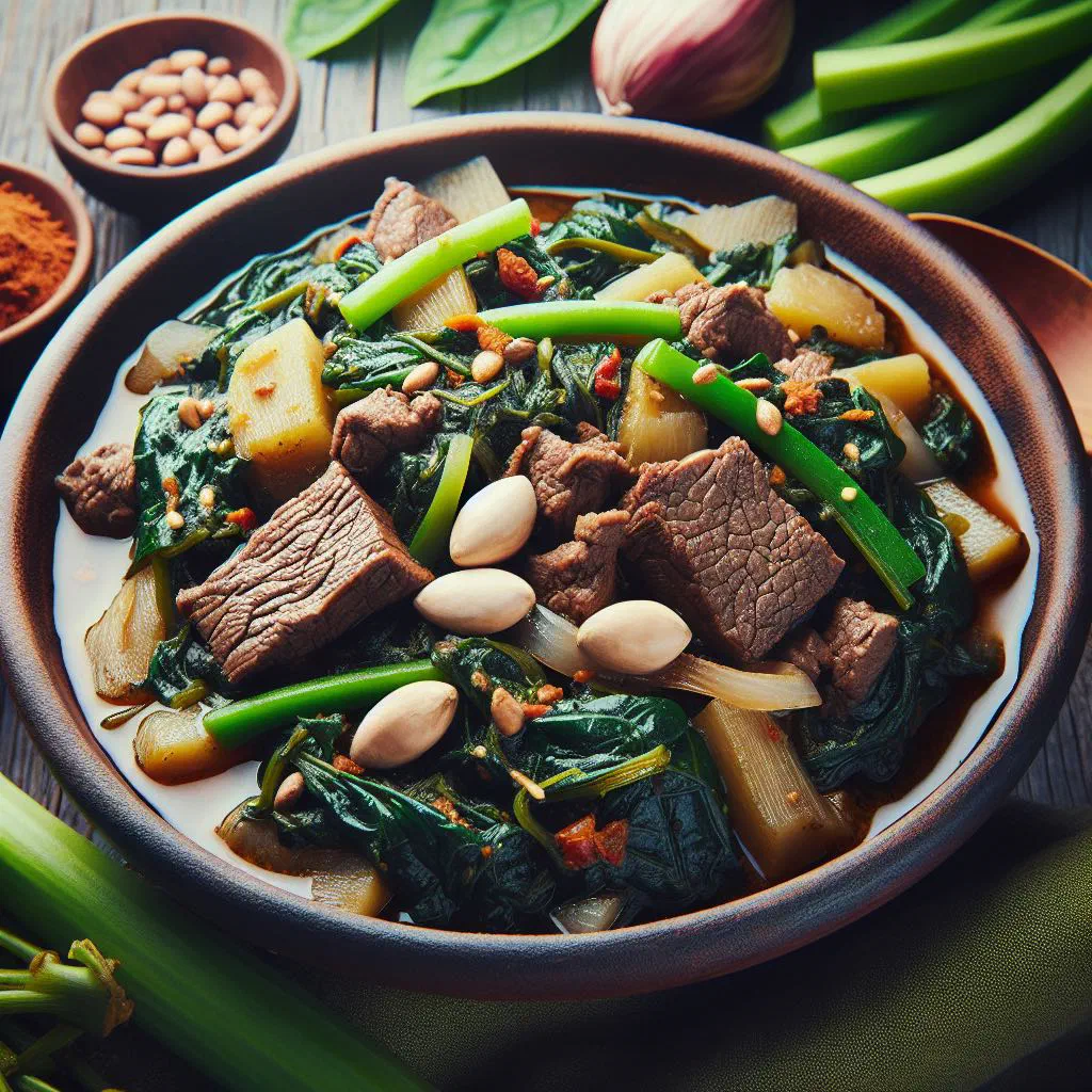 Bowl of saka saka, a green cassava leaf stew with peanuts
