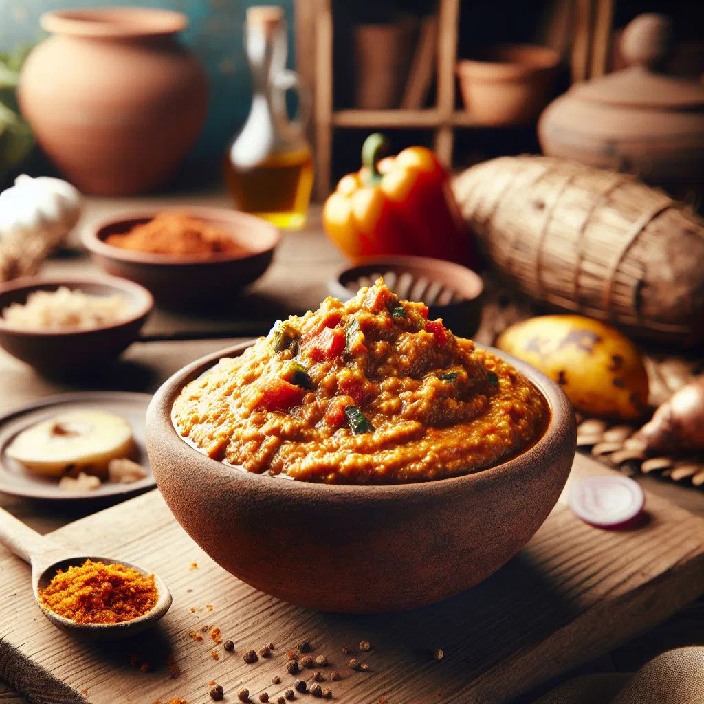 Creamy peanut sauce with meat and vegetables served with rice