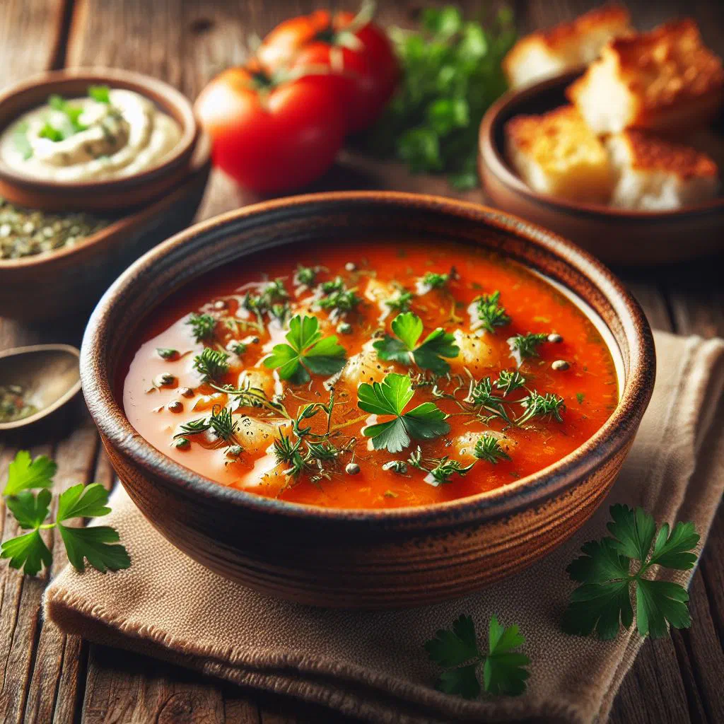 Bowl of Central African fish soup with tomatoes, carrots and fresh herbs