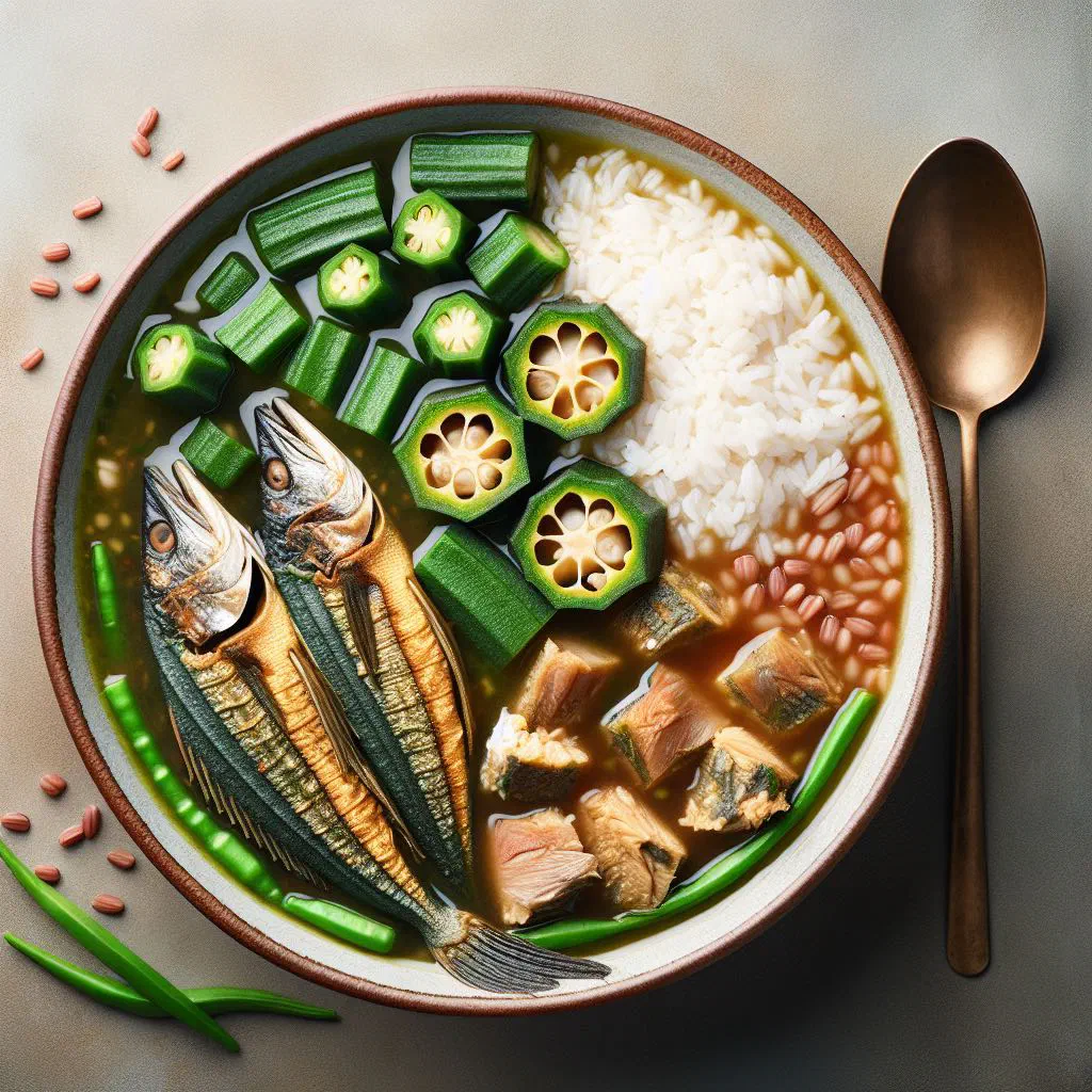 Bowl of soupou kandja okra stew with tender meat in a rich red sauce