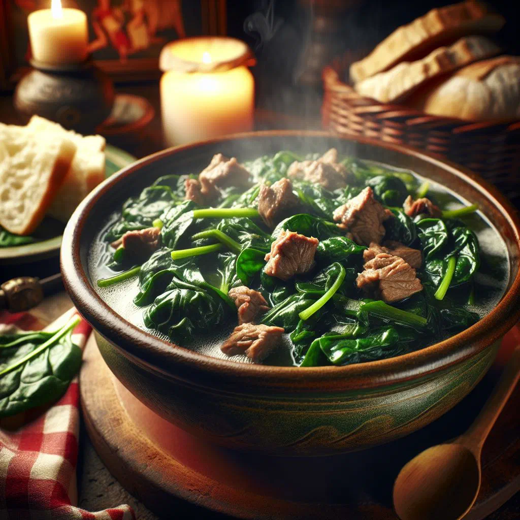 Braised spinach with spiced minced meat in a pan