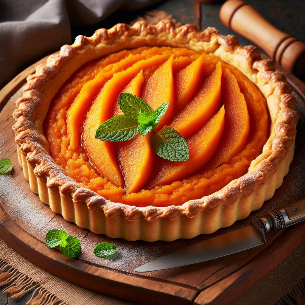 Golden sweet potato tart with a crisp crust, sliced on a wooden board