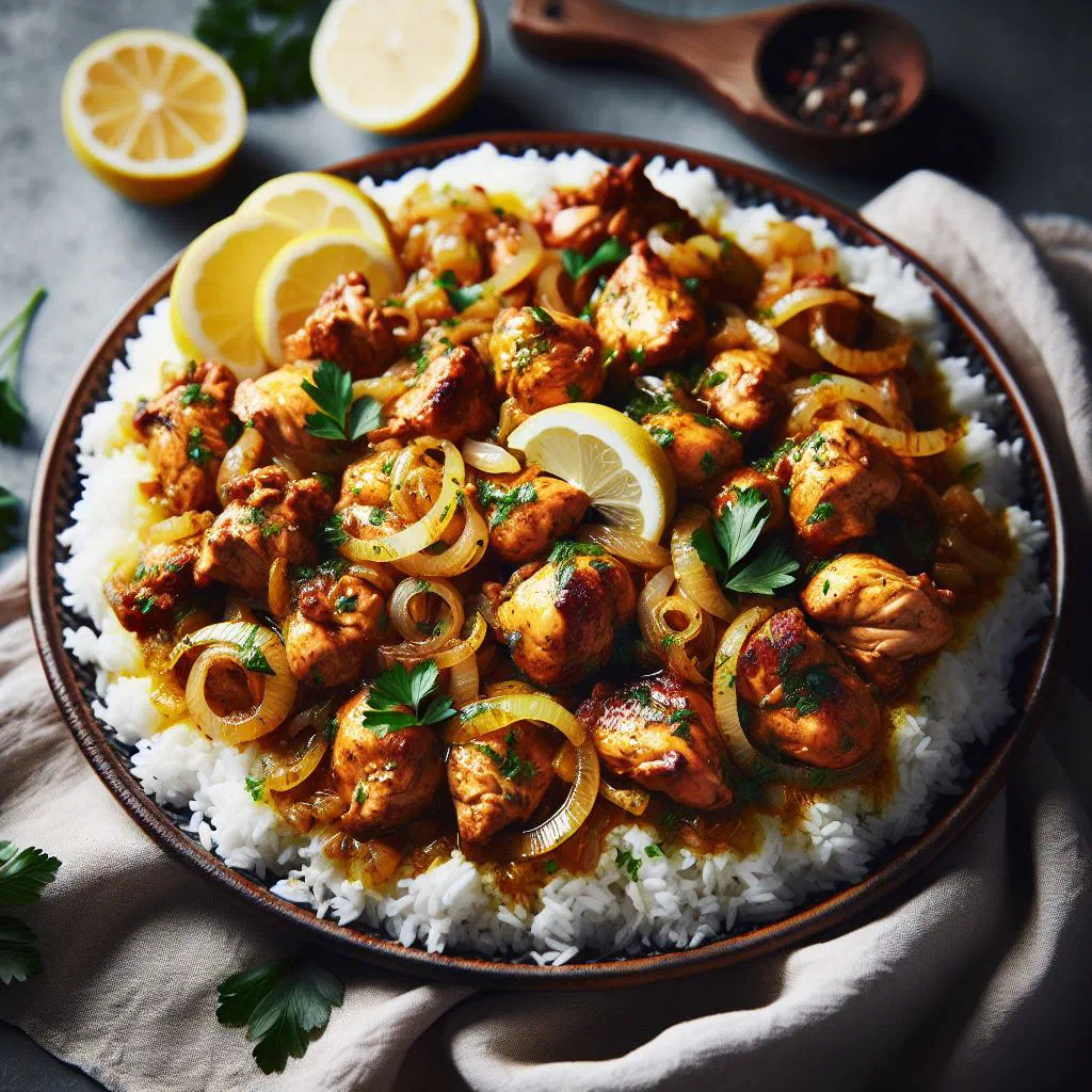 Golden marinated chicken with softened onion rings served over rice