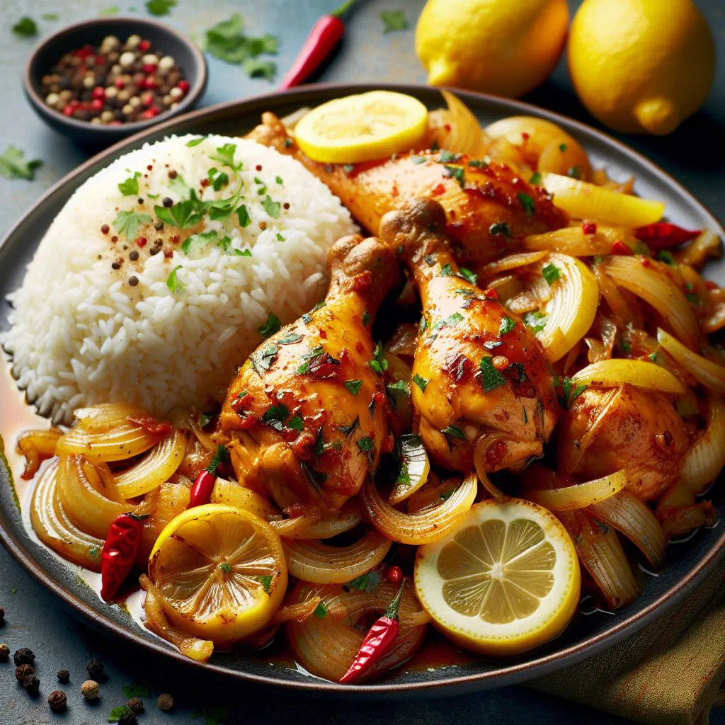 Yassa Poulet with golden chicken in a lemony onion sauce, served with rice