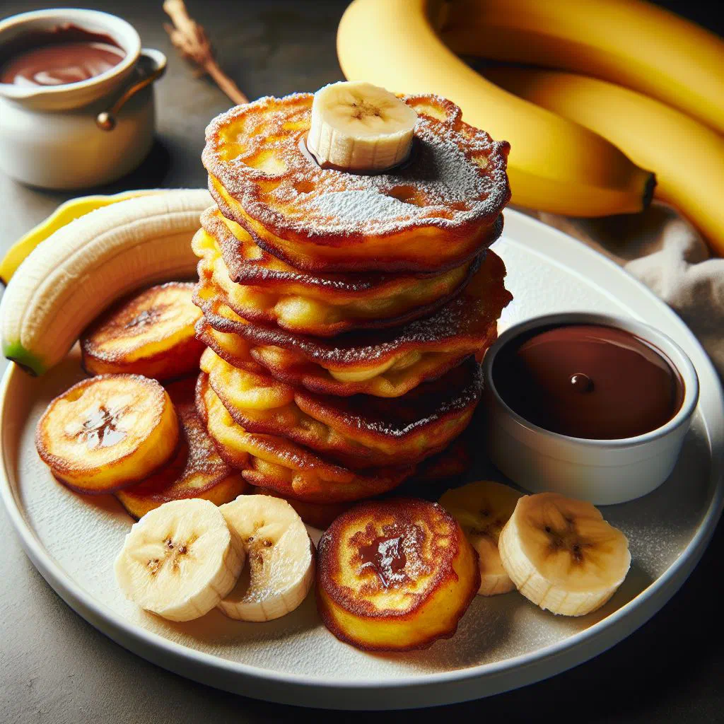 Golden banana fritters piled on a plate with fresh banana slices