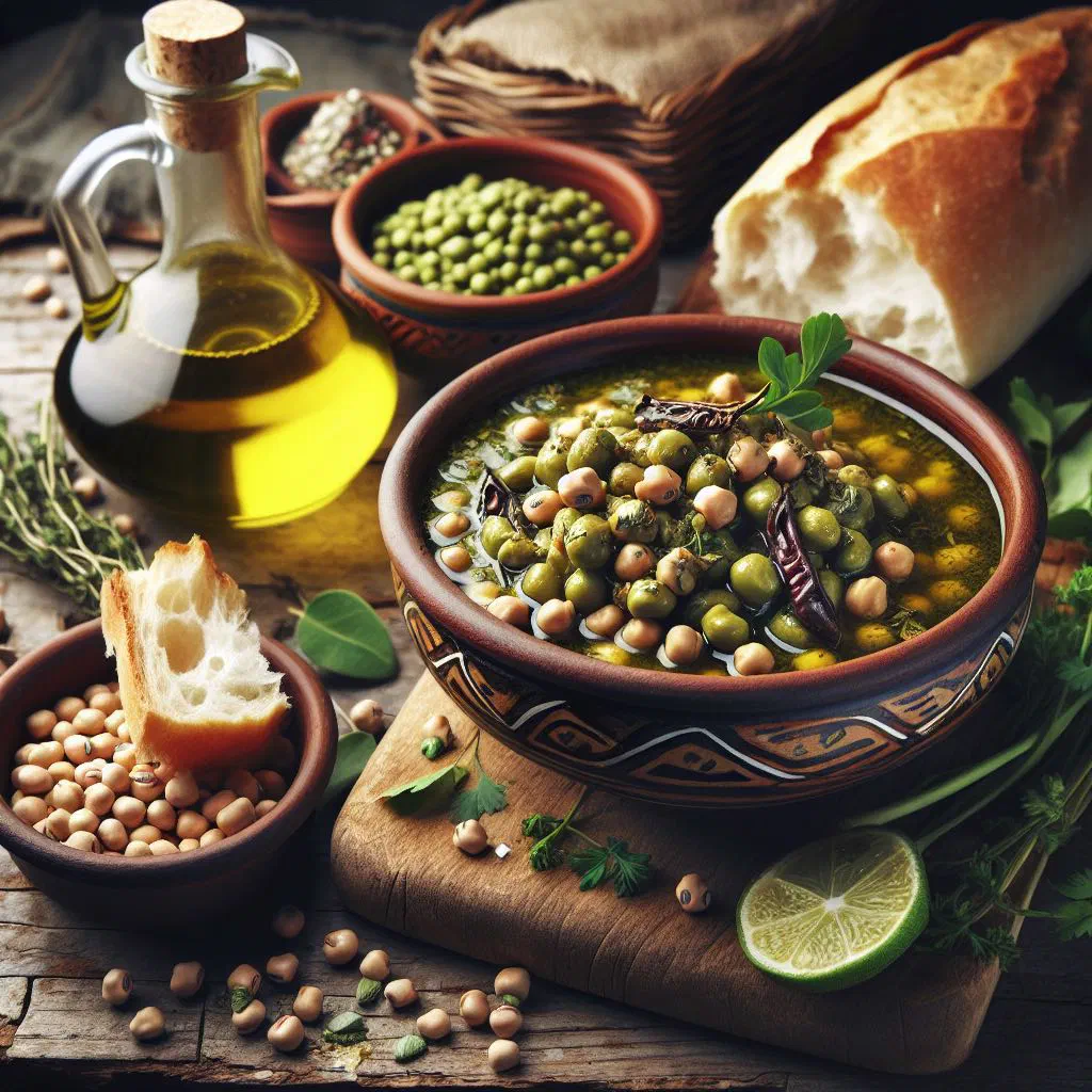 Creamy bissara pea purée drizzled with olive oil and scattered with fresh herbs