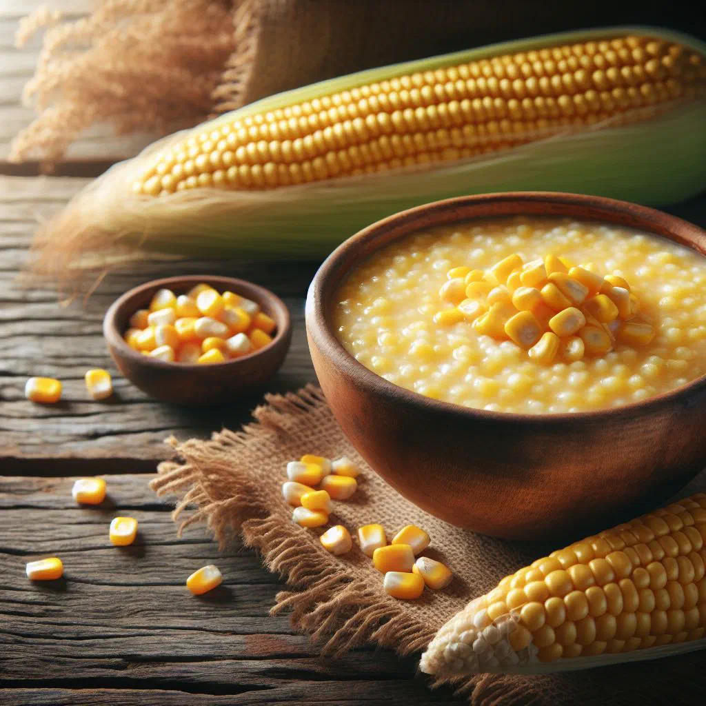 Bowl of creamy Chadian corn porridge topped with fresh fruit