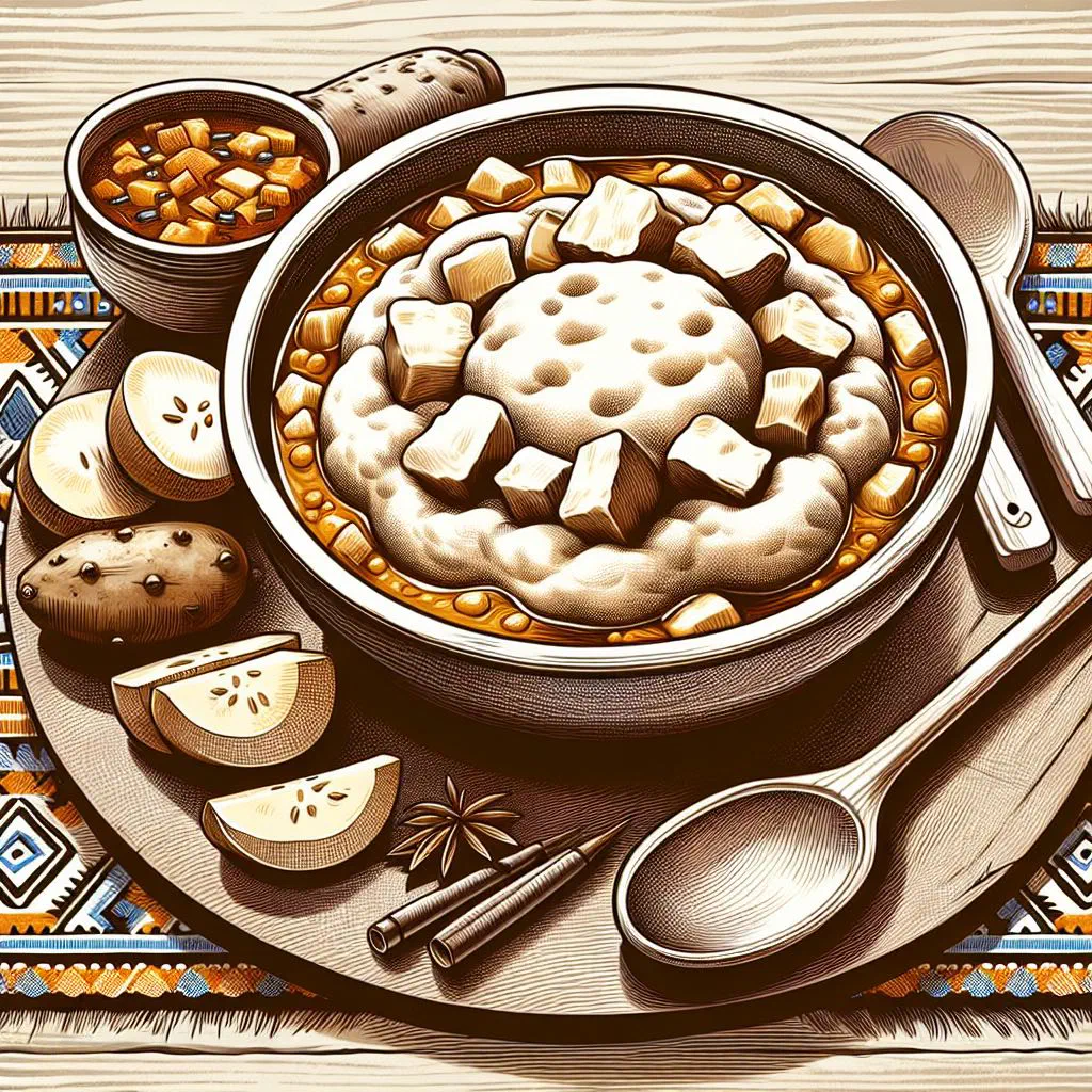 Smooth white fufu balls in a bowl served with a rich savoury sauce
