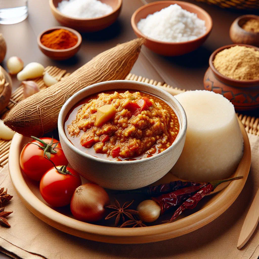 Bowl of creamy garri topped with a rich tomato and pepper sauce