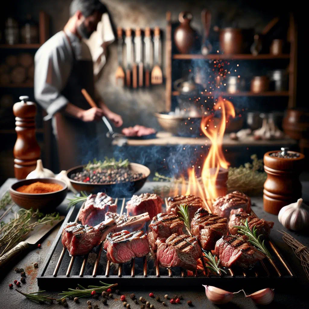 Grilled lamb skewers on a wooden board with fresh herbs and onion rings