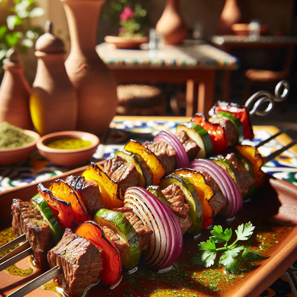 Grilled Chadian beef skewers resting on a wooden board with fresh herbs