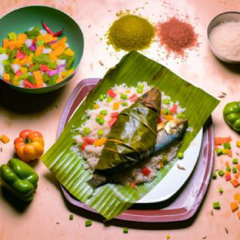 Maboké fish parcels steamed in banana leaves, opened on a plate