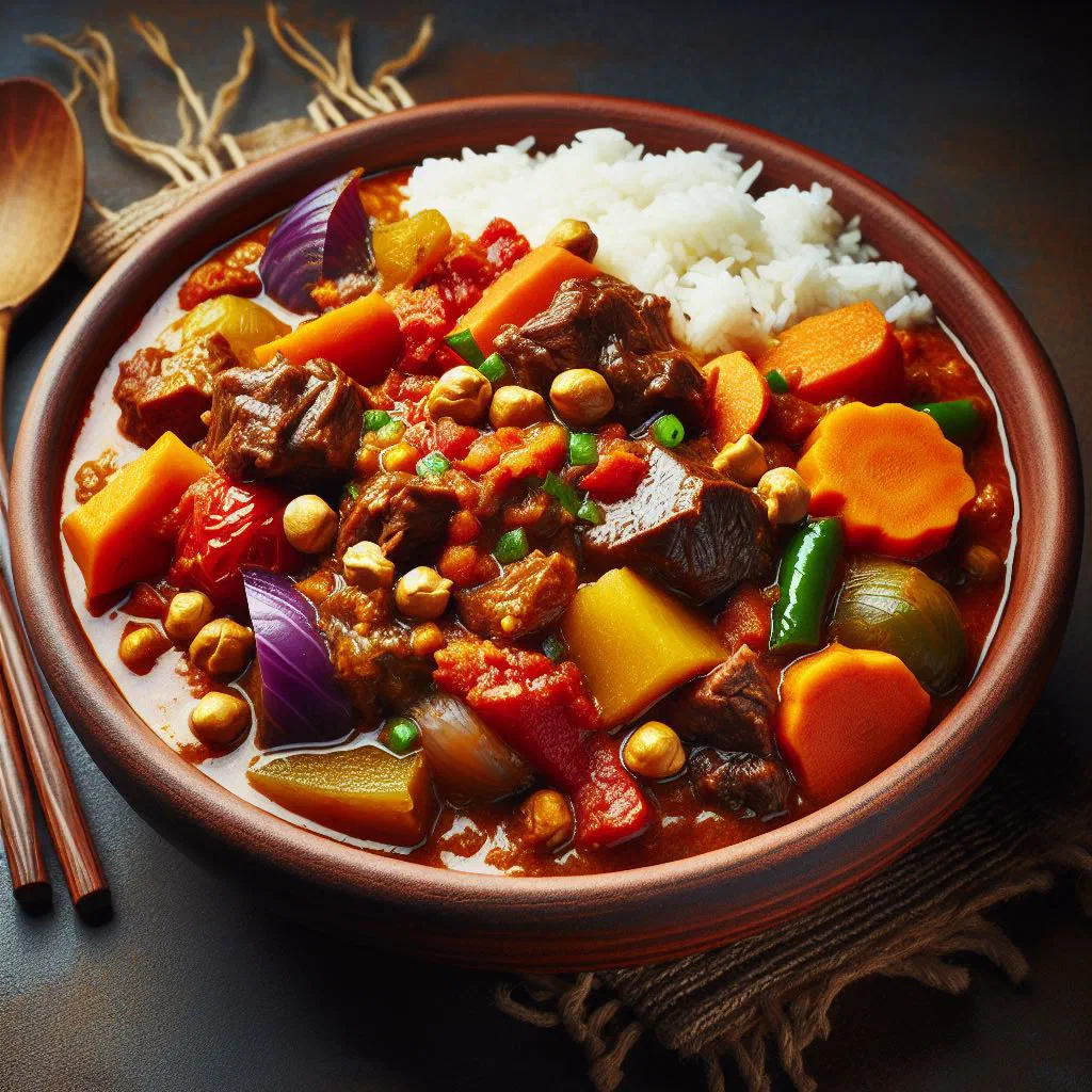 Bowl of mafé peanut stew with tender meat, carrots and fresh herbs