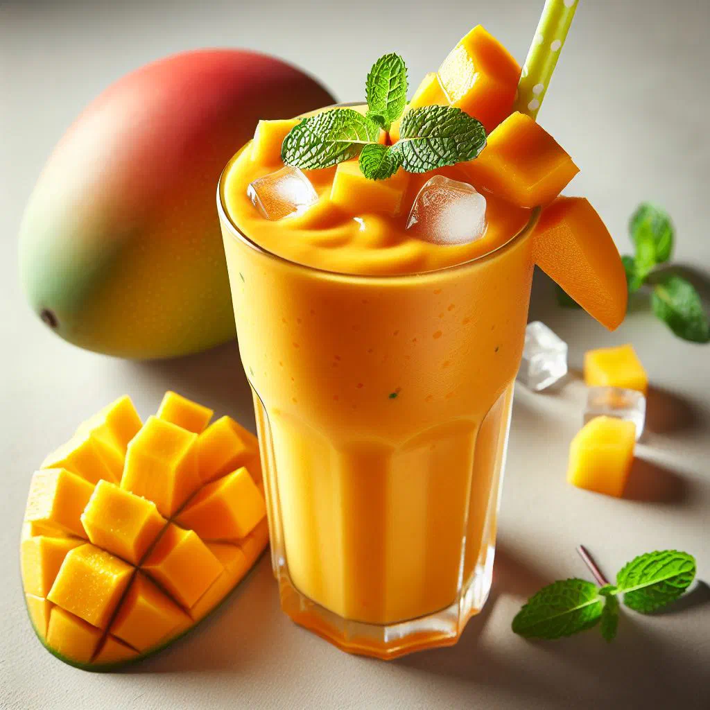 Creamy mango smoothie in a glass garnished with fresh mango slices and mint
