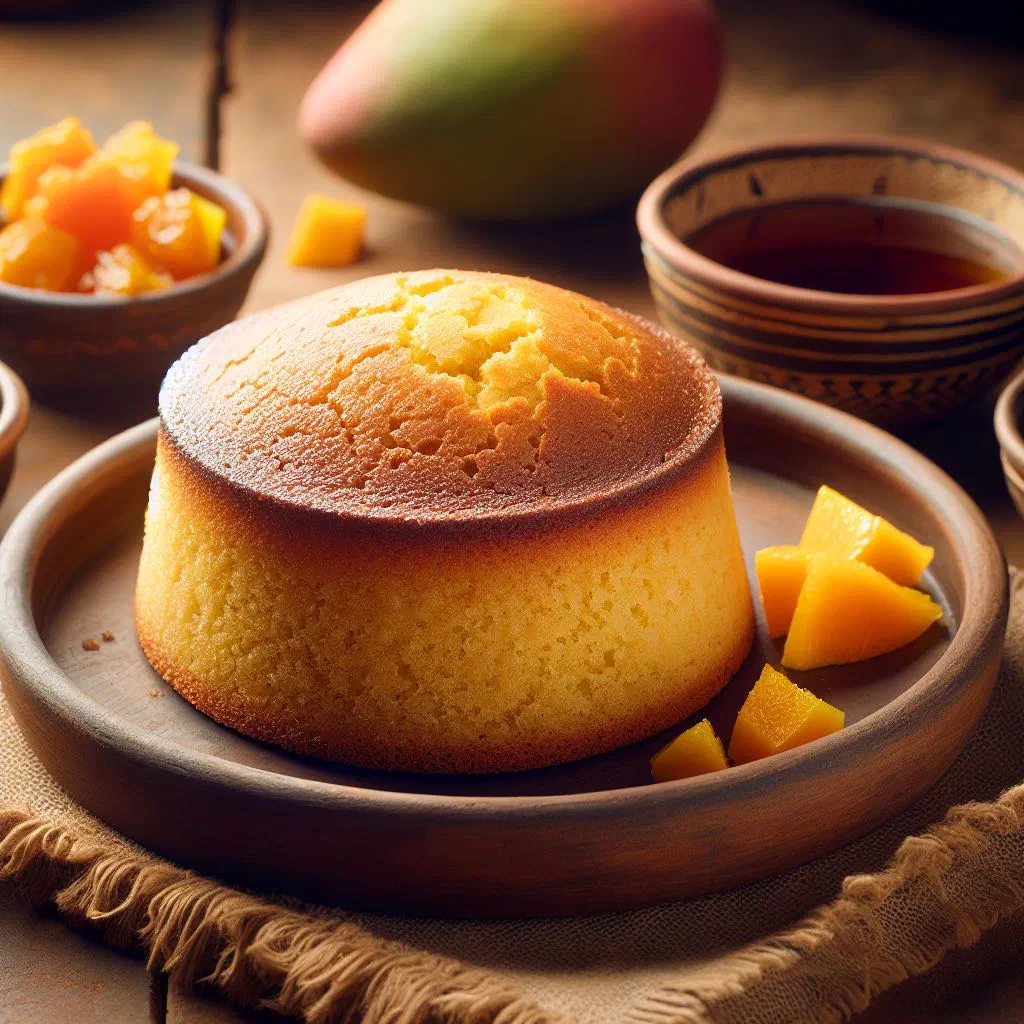Golden millet cake dusted with icing sugar on a plate