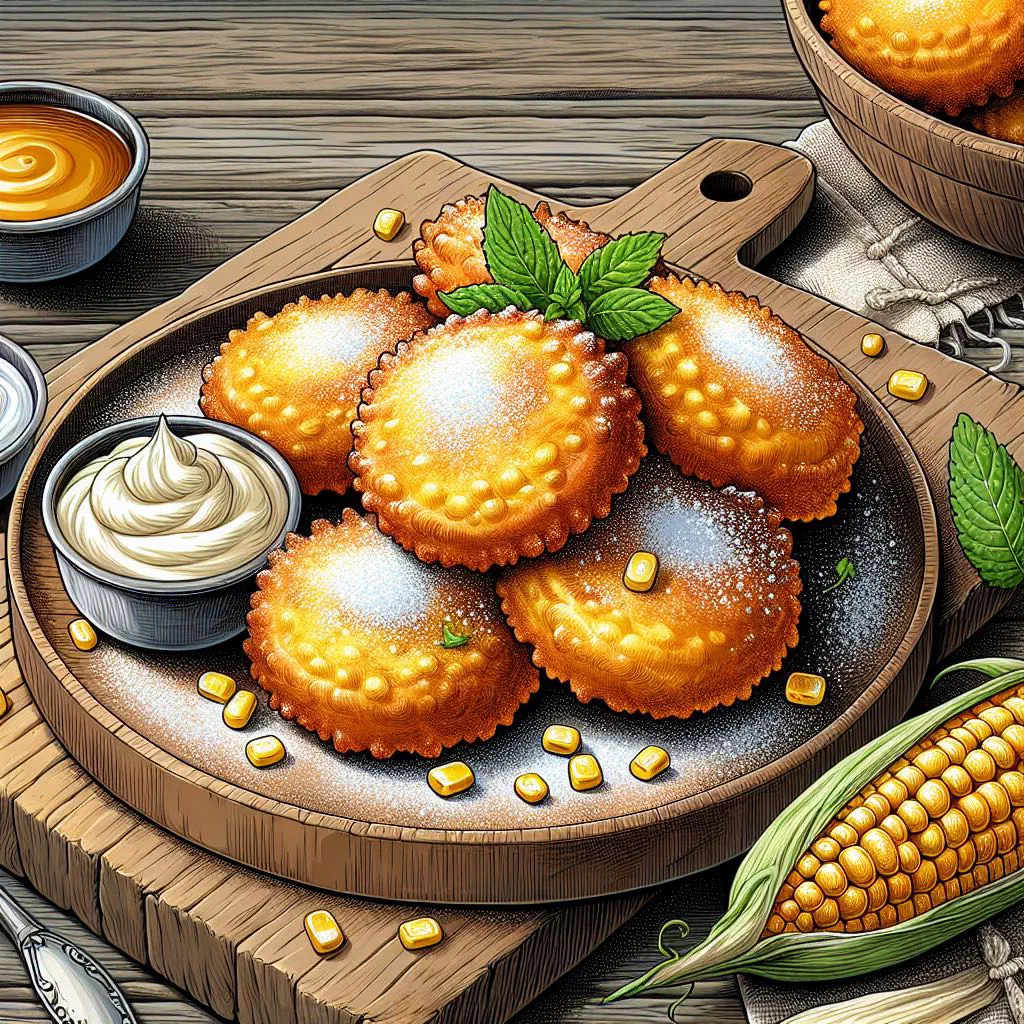 Golden millet fritters piled on a plate with fresh herbs