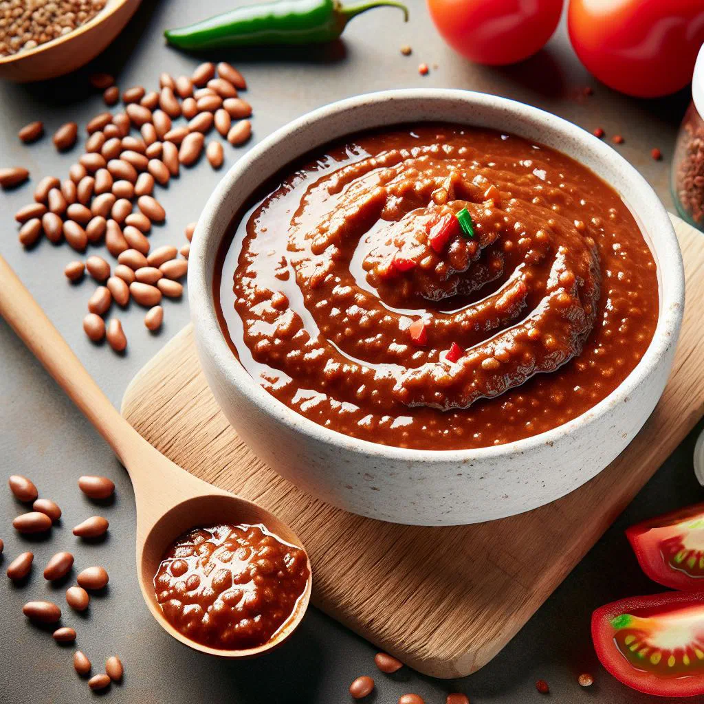 Dark, aromatic néré sauce in a bowl with fresh coriander