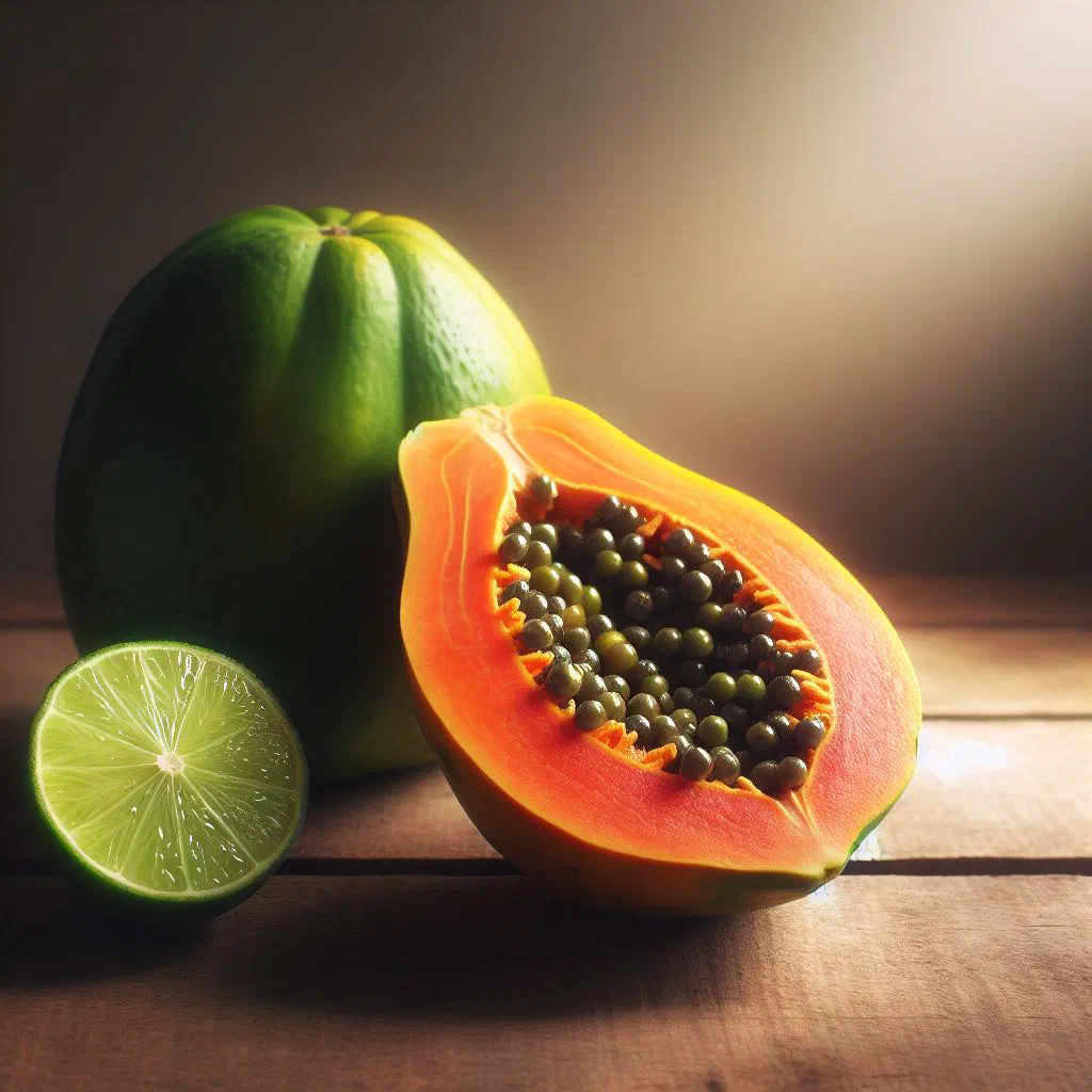 Diced papaya with lime juice and fresh mint leaves in a bowl