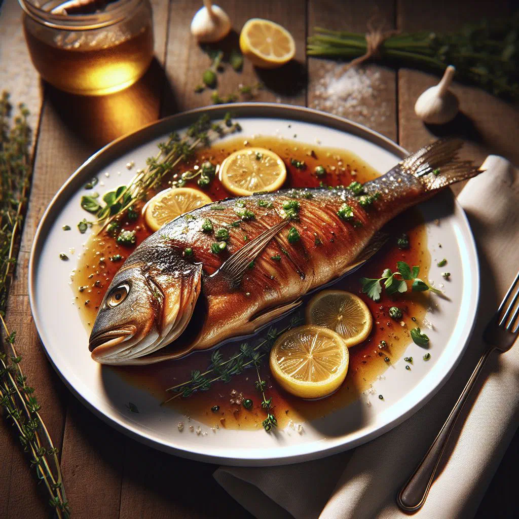 Whole grilled fish with lime wedges and fresh herbs on a plate