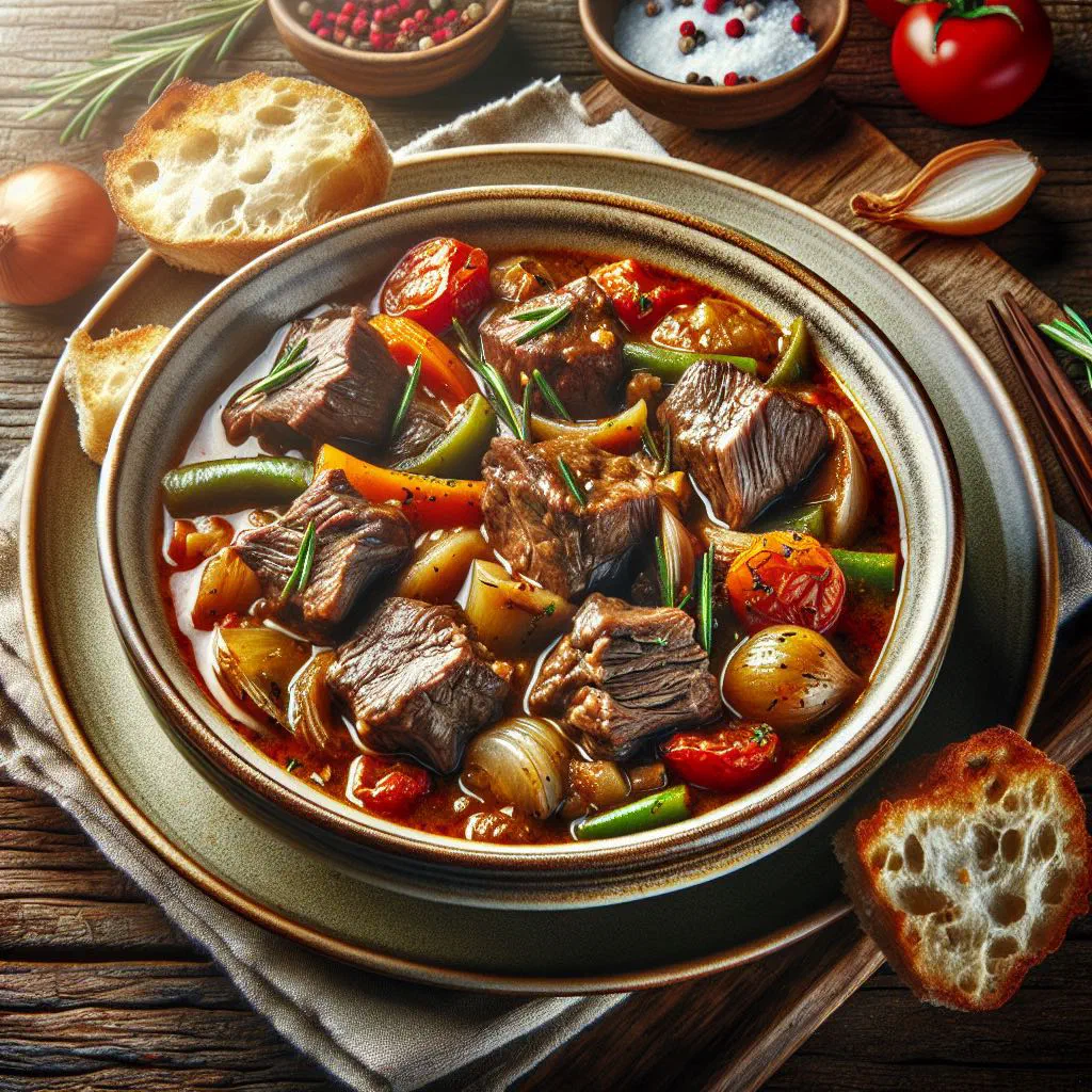 Chadian goat stew with vegetables in a bowl, garnished with fresh coriander