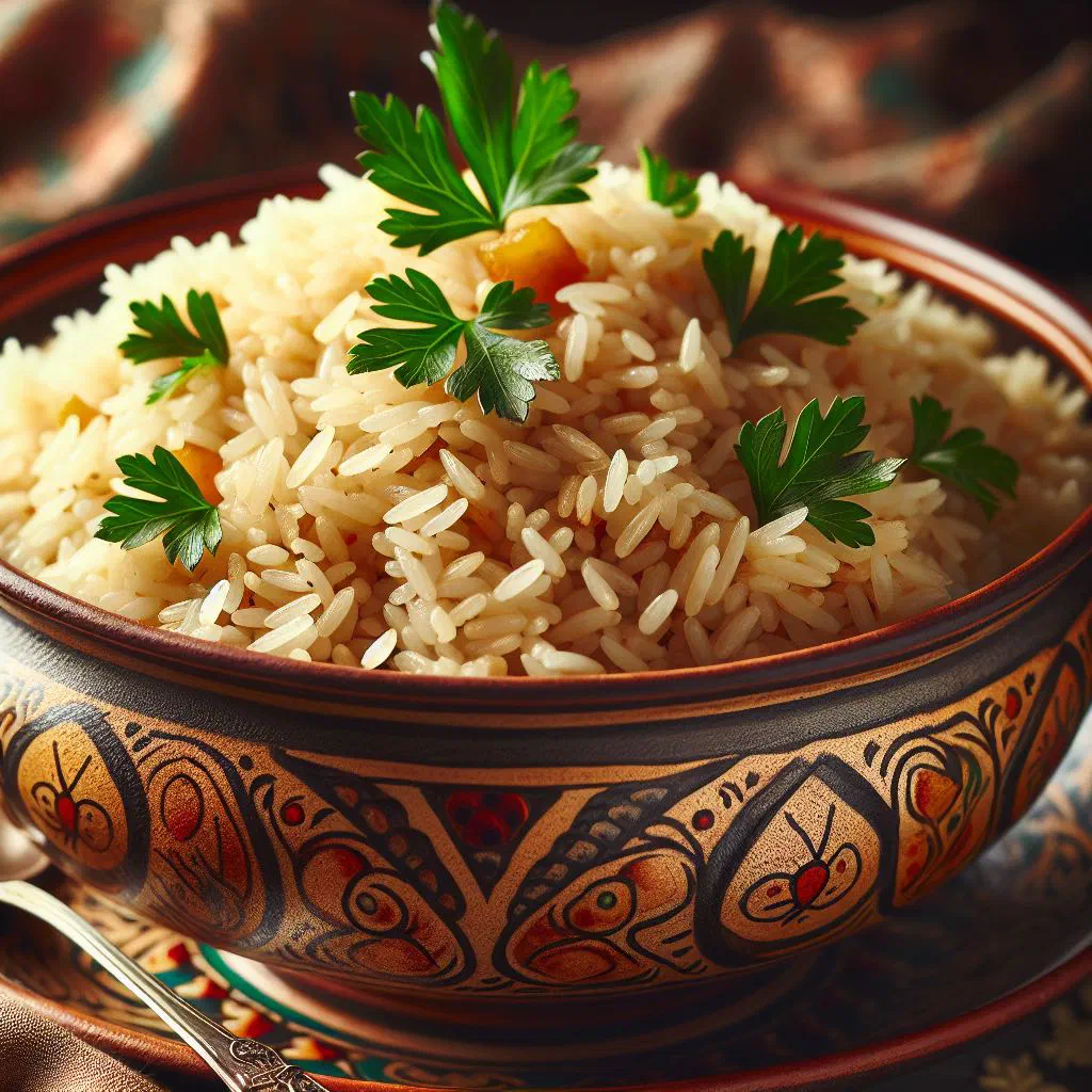 Chadian rice pilaf with diced vegetables and tender meat, garnished with fresh herbs