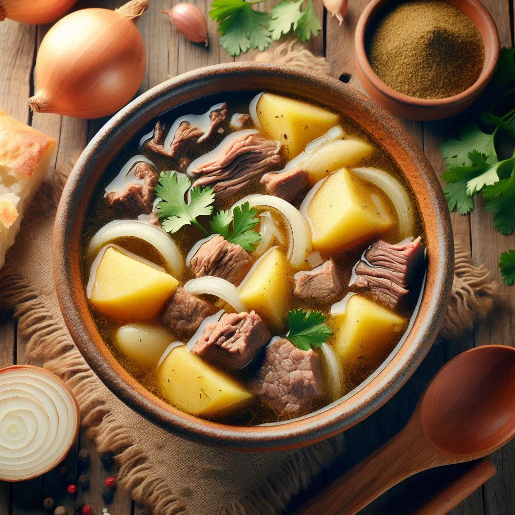 A steaming bowl of Chilean ajíaco with chicken, potatoes and fresh herbs