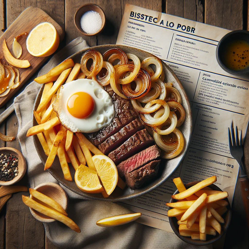 Beef steak topped with fried eggs, served with golden chips and onions