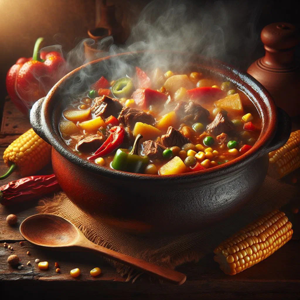 Bowl of Chilean cazuela with meat, potato and vegetables in a clear broth