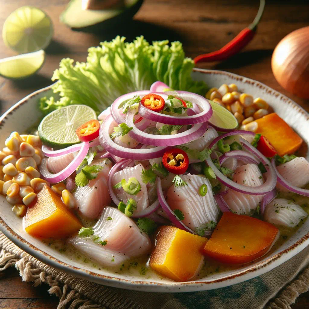Bowl of Chilean ceviche de merluza with lime, red onion and coriander
