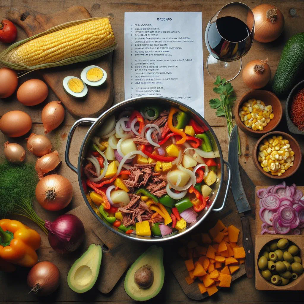 Chilean charquicán stew of beef, potatoes and vegetables in a rustic bowl