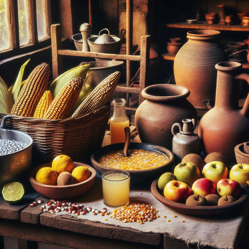 A glass of golden fermented chicha garnished with fresh fruit