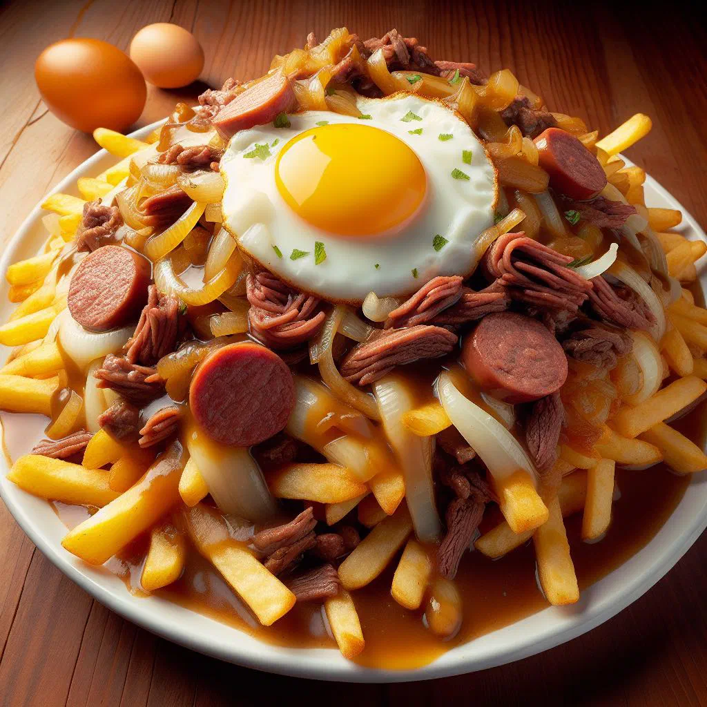 Chorrillana with crispy chips, beef strips, onions and fried egg on a platter
