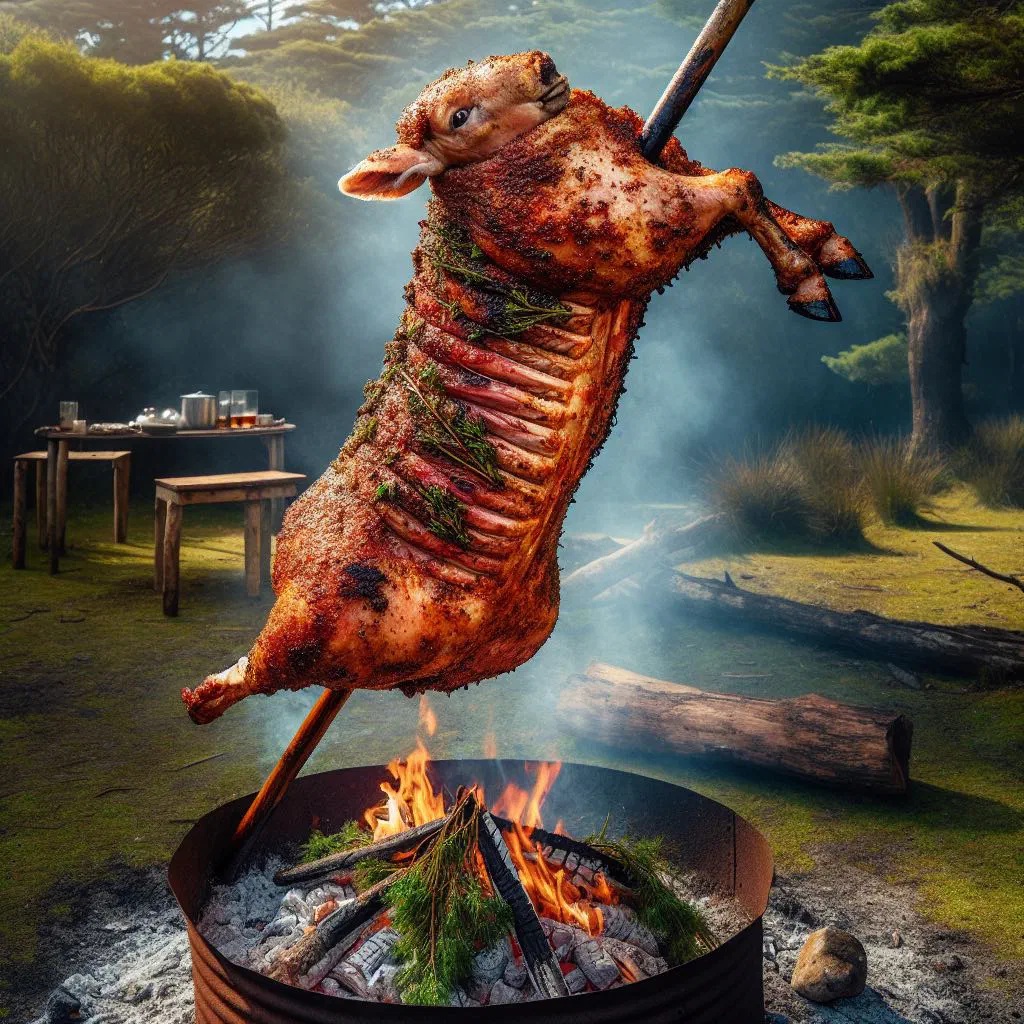 Whole lamb roasting on a spit over an open fire, Chilean style